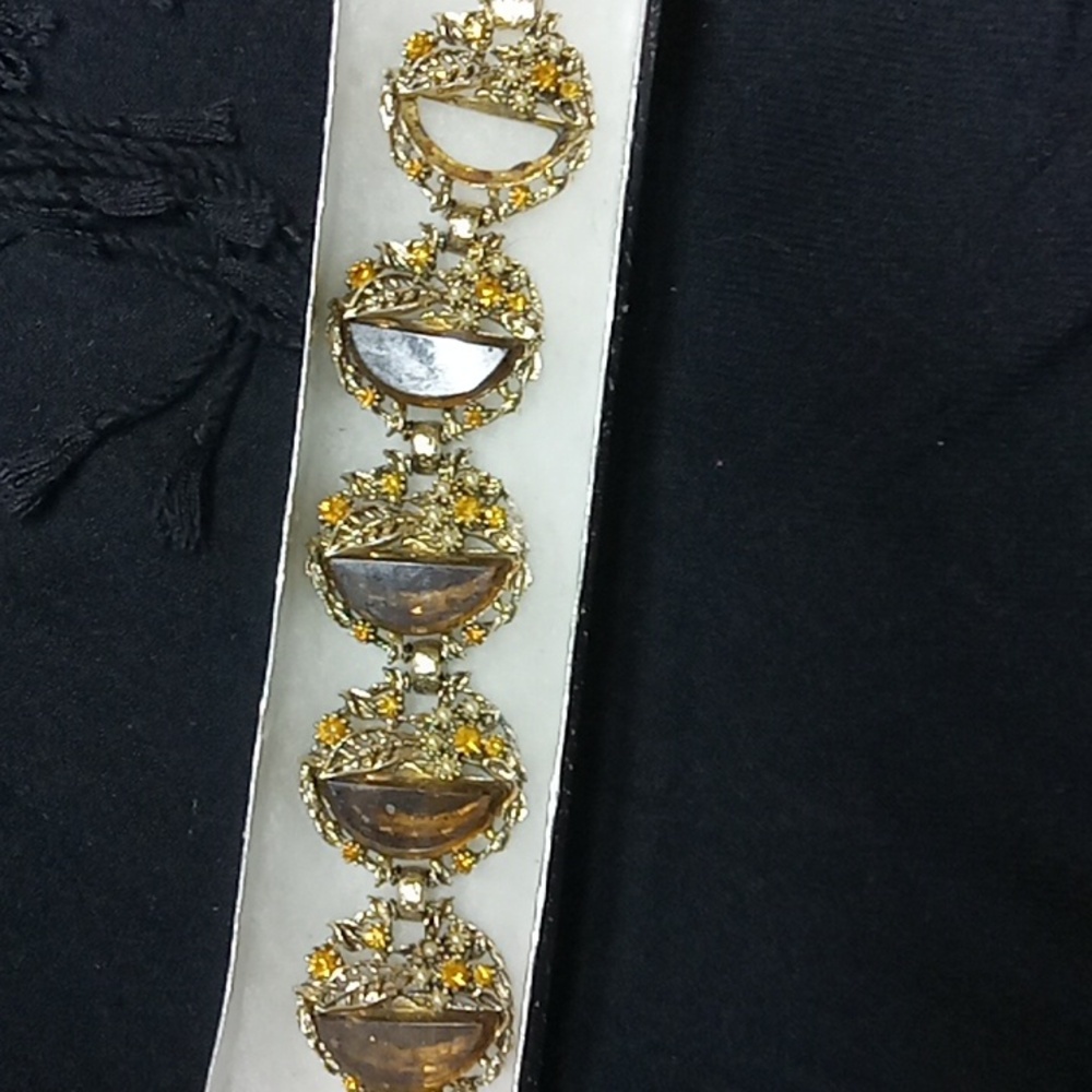RARE! Retro POME Bracelet Silver Tone w Smokey Glass, Gold